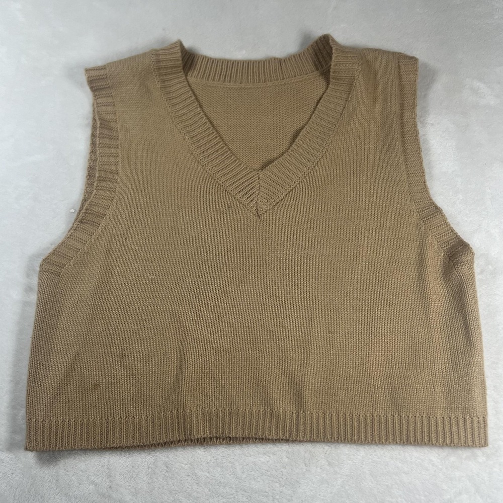 Knit Sweater Vest Womens Small Tan V Neck Solid Cropped Pullover Casual